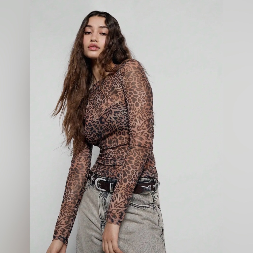 Leopard Print Lace Mesh Long Sleeve Layering Top